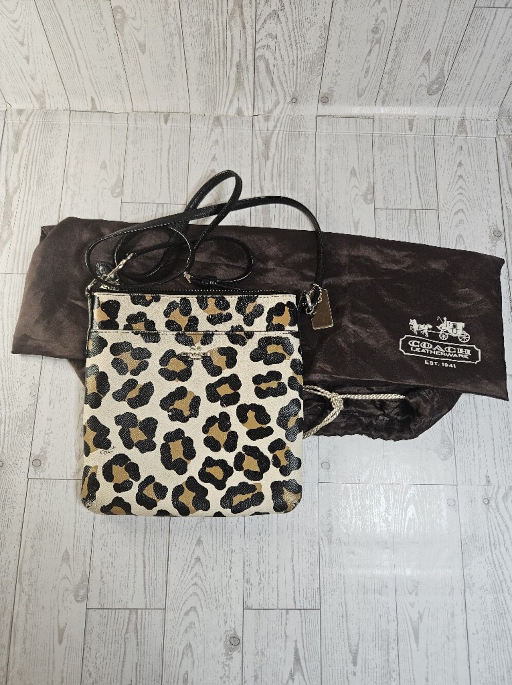 Coach Small Crossbody Bag Beige Leopard Print Leather Strap Lined Dust Bag